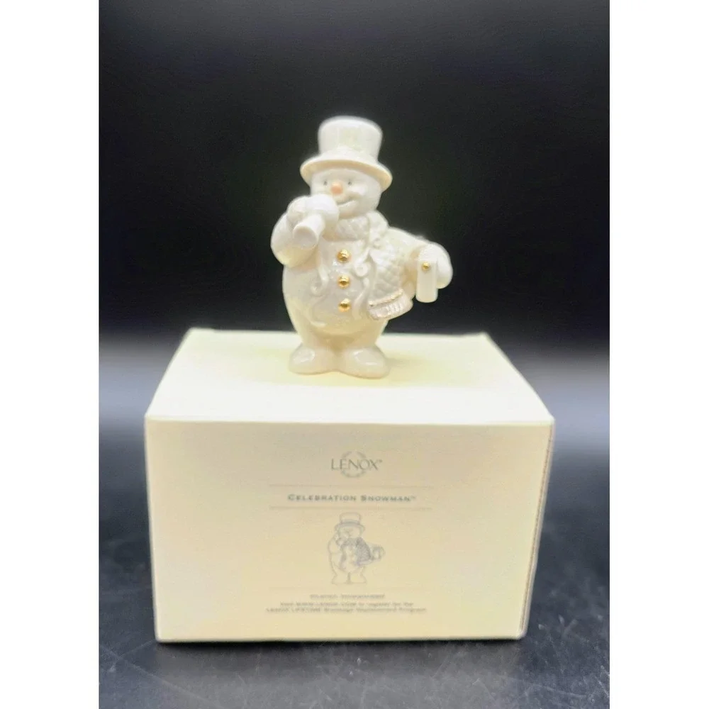 LENOX Celebration Snowman Figurine Ceramic Noisemakers Horn Gold Accents 3.5